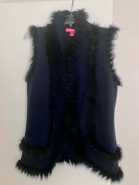 Lily Pulitzer Navy Blue Faux Fur Trim Knit Vest